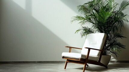 Mid-Century Modern Armchair with Palm Plant in Sunlit Minimalist Interior