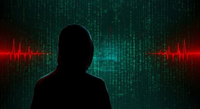 Hacker Silhouette Against Digital Code Cybersecurity Threat and Data Protection Concept