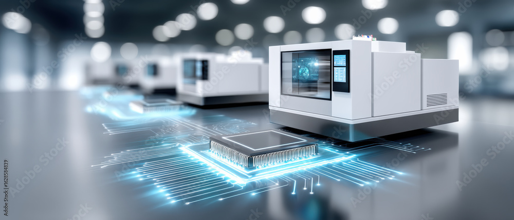 Aufkleber semiconductor chip manufacturing process with advanced machinery and glowing circuit lines showing t