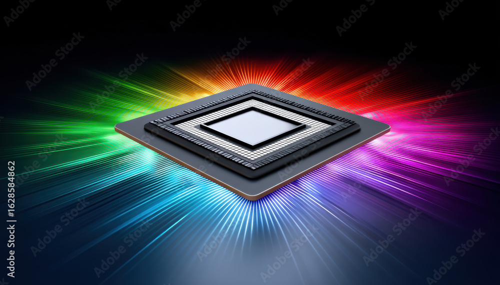 Poster semiconductor chip with colorful light rays glowing in dark background symbolizing advanced technolo