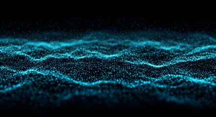 Dynamic digital wave of glowing cyan particles flowing in an abstract technological field on a dark background.