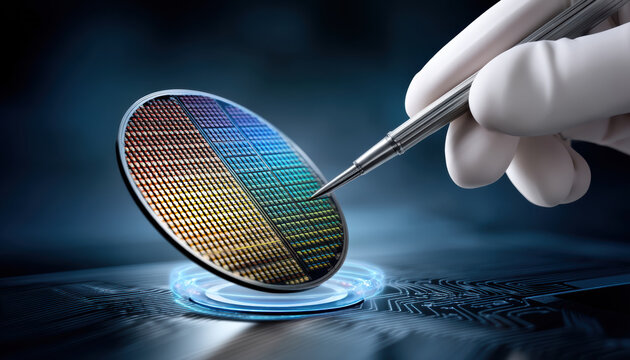 Semiconductor wafer is carefully handled with precision tools in clean environment showcasing advanced technology and intricate microchip design