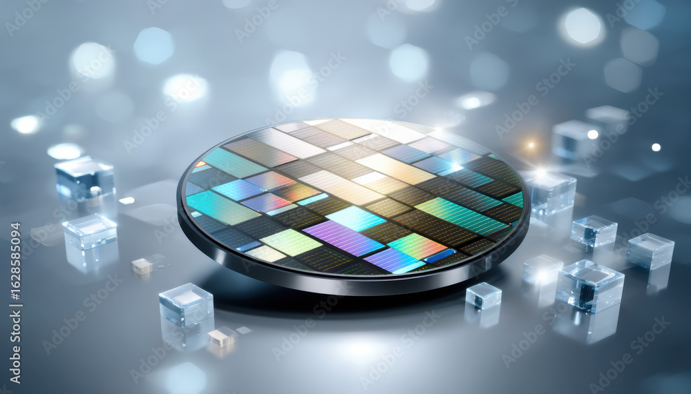 Poster semiconductor wafer with colorful microchips on reflective surface surrounded by transparent cubes i