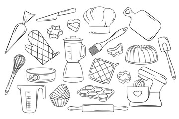 bakery and baking, large vector set, baking accessories, cookie molds, doodle and sketch style, simple black and white icons