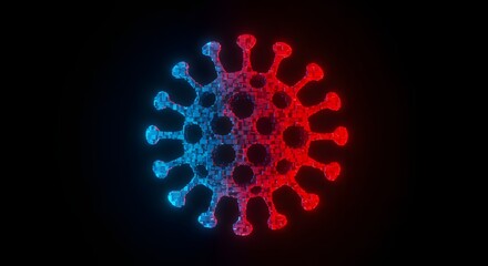 Abstract visualization of a pathogenic microbe with glowing red and blue lights, symbolizing a viral outbreak and epidemiology