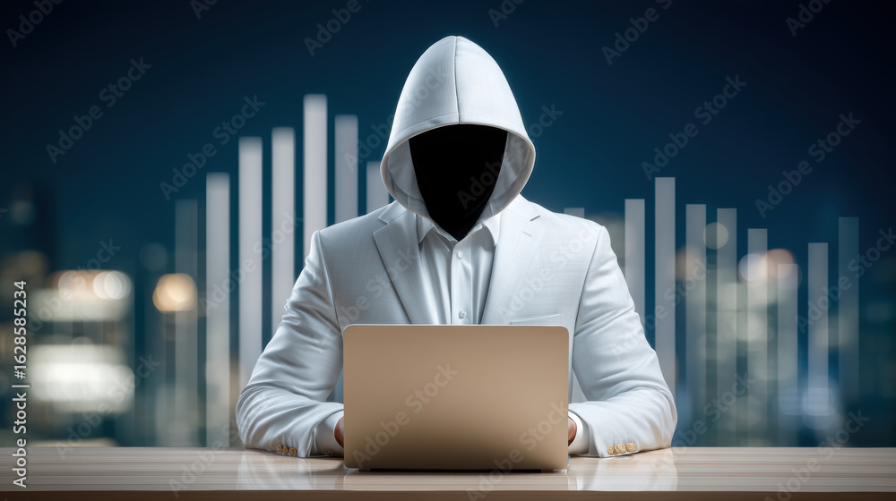 Aufkleber mysterious person in white hoodie working on laptop with semiconductor data visualization in backgro