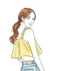 Elegant Woman in Yellow Crop Top and Jeans: Fashion Illustration