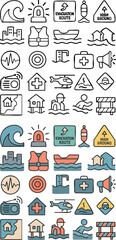 Fototapeta premium Natural Disaster Flood Tsunami Emergency Safety Icons Set.