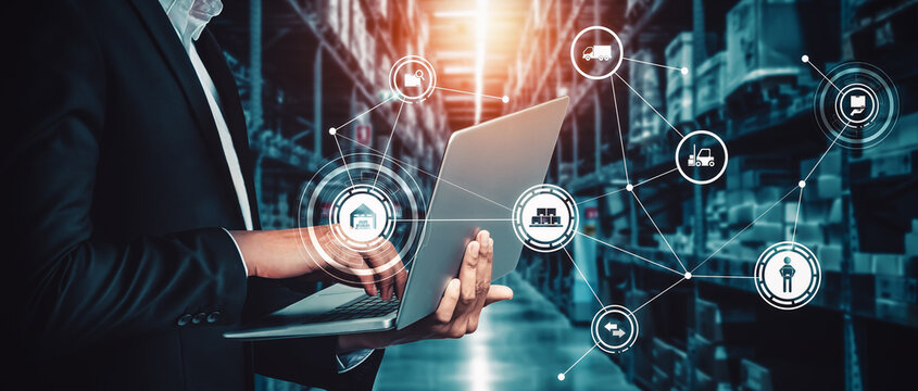 Smart warehouse management system with innovative internet of things technology to identify package picking and delivery . Future concept of supply chain and logistic network business .