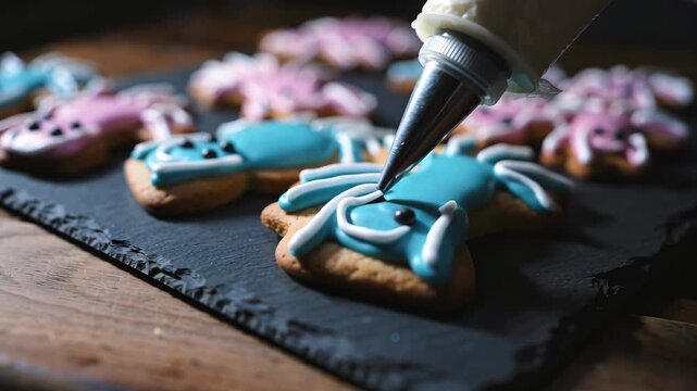 Icing Halloween cookies shaped like spiders and bats. Festive dessert and kids' activity
