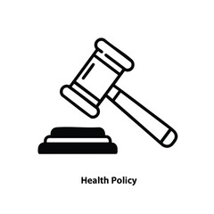 An iconic black outline illustration of a judge's gavel and sound block, symbolizing justice, law, and the critical decisions made in health policy and reform.