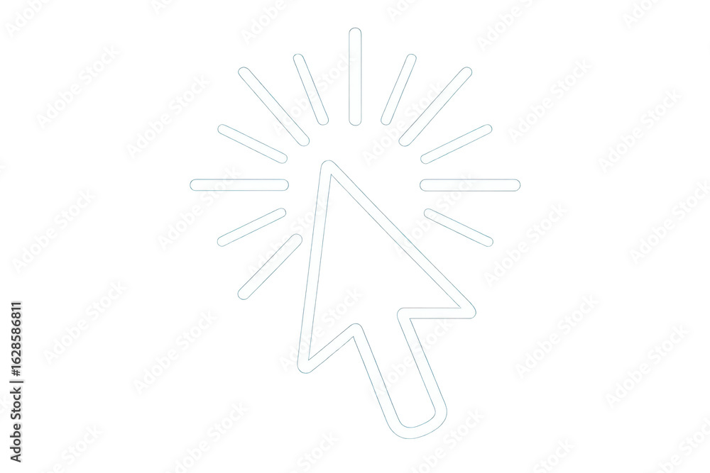 Poster computer mouse cursor clicking with glowing radial light, transparent backdrop highlighting digital 