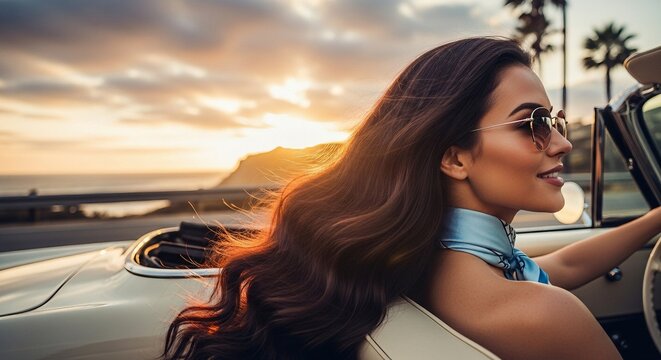 Beautiful woman driving a classic convertible along a scenic coastal road at sunset, enjoying the freedom of a summer vacation.