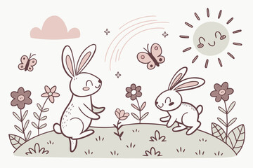 Obraz premium A springtime doodle pattern with rabbits and sunshine vector illustration