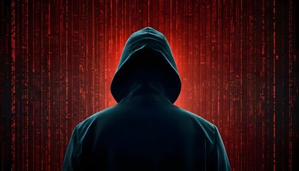 An anonymous hooded hacker stands before a red digital binary code background, symbolizing a cybersecurity threat and system vulnerability.