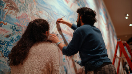 
Artist parents collaborating on family mural 