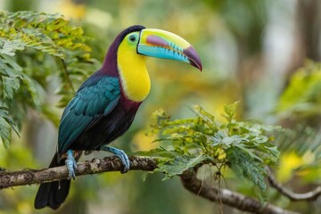 Obraz premium Colorful toucan perched on a branch in a lush tropical forest during daylight