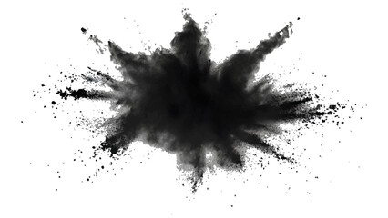 Abstract powder splatted on white background, Black vibrant paint black powder explosion with dark colors isolated white background.