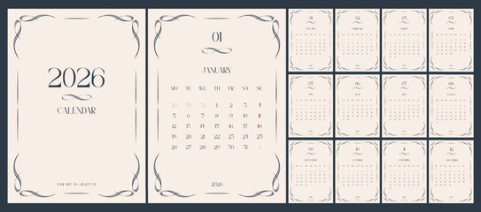 Calendar for 2026. Vertical calendar template, classic patterned design, beige and dark blue. 12 pages and cover, A4, English.