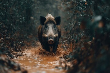 Wild boar charges through muddy forest trail on a misty morning