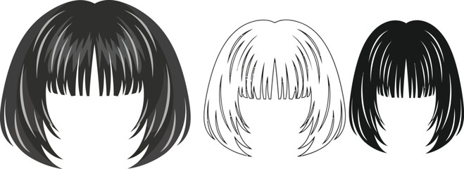 Illustration of bob haircuts with bangs in different styles art