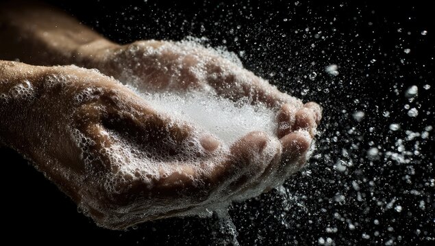 Hands washing with soap, producing a lather and droplets of water