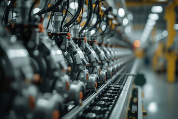 Obraz premium Repetitive industrial machinery on a conveyor belt with orange accents and bokeh lights