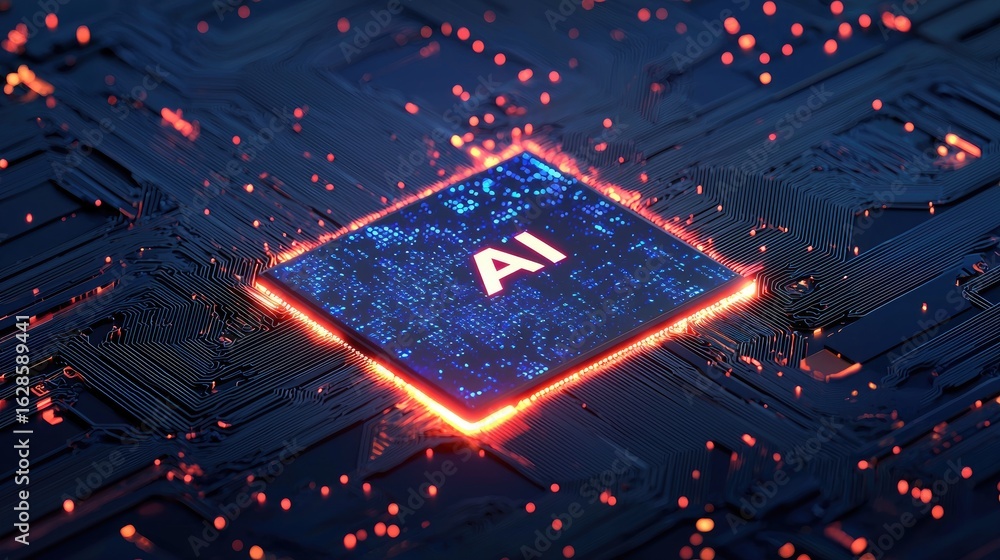Aufkleber glowing ai chip on futuristic motherboard with illuminated circuits, ideal for artificial intelligen