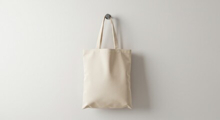 A cream-colored tote bag hangs from a metal hook against a white wall.