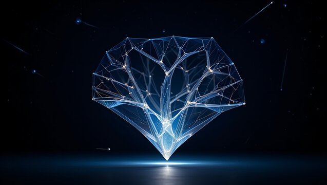 Abstract glowing blue network structure resembling a diamond or tree on a dark background