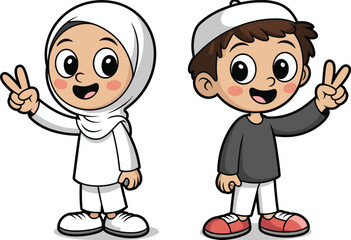 PrinCartoon Muslim boy and girl in traditional clothing, smiling and showing peace sign, perfect for education, culture, diversity, children content.