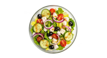 Fresh greek salad with feta cheese and olives isolated on transparent background
