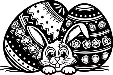 A cute bunny peeking from inside a decorated Easter egg vector illustration