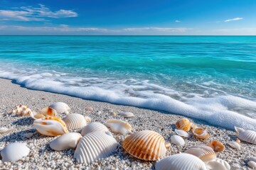Serene coastal bliss captured at midday with shells scattered along a tranquil shore