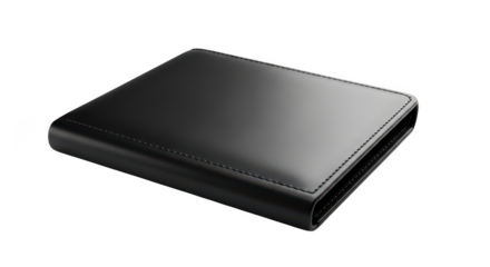 Closed black leather wallet isolated on transparent background