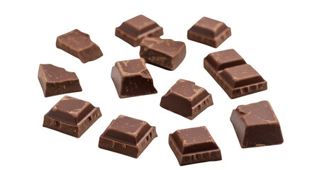 Pile of milk chocolate pieces isolated on transparent background