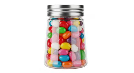 Glass jar filled with colorful gumballs isolated on transparent background