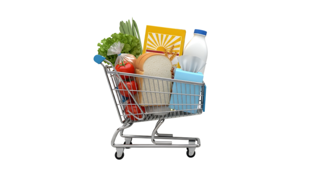 Small Shopping Cart Full of Colorful Groceries on Transparent Background - Powered by Adobe