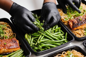 Hands in black gloves arrange fresh food into black plastic containers.  Healthy meal prep.  Focus on vibrant green beans, noodles, and fish