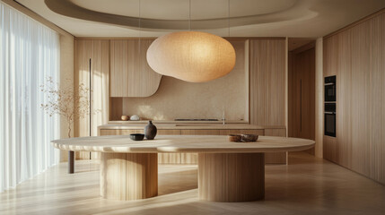 ceiling, oval table with rounded legs, and pendant light. Textured cabinetry, soft tones, and a window-lit space form this modern kitchen-dining area