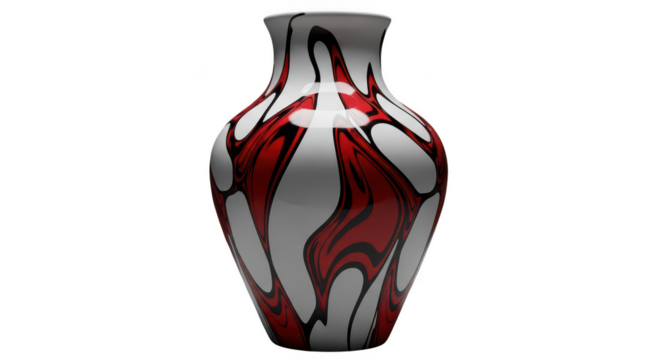 Tall modern glass vase with red and white abstract pattern isolated on transparent background