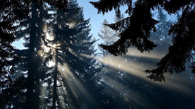 Sunlight streams through a misty forest canopy