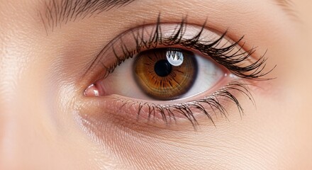 Obraz premium Close-up of a brown eye with long eyelashes, showing intricate details of the iris and skin texture, ideal for beauty and healthcare concepts