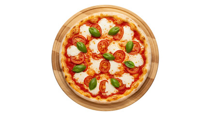Classic Round Pizza with Red Tomato Sauce and Green Basil on Wooden Board