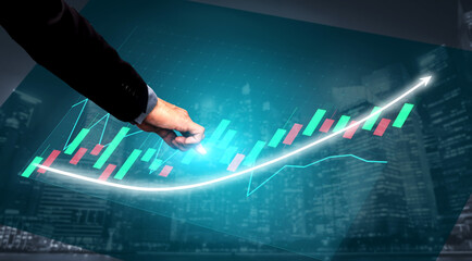 A dynamic representation of financial growth shows a hand pointing towards a rising market graph, set against a vibrant city skyline at night. Impute