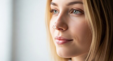 Close up portrait of a young woman with blue eyes and blonde hair wearing a nose ring