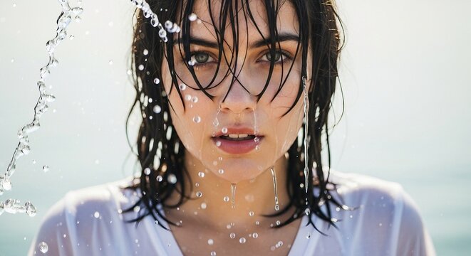 Refreshing Beauty: Portrait of a Wet Young Woman in T-Shirt, Captured in Natural Light, for Skincare and Lifestyle Concepts