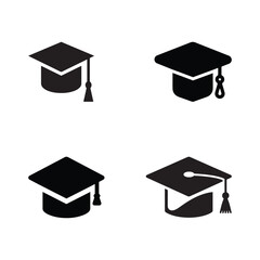 Graduation Cap Icon Set, Academic, Education and Ceremony Symbols in Black Silhouette Style