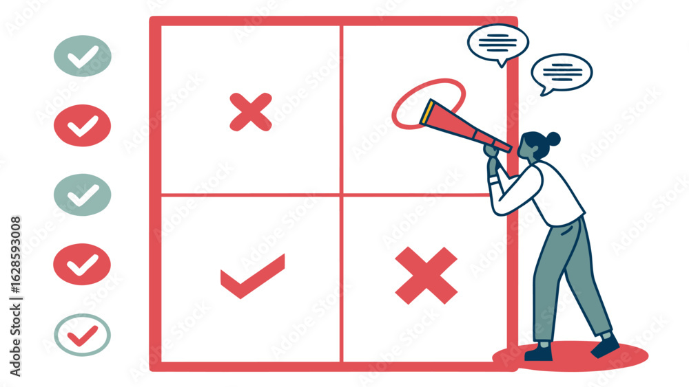 Poster person using telescope looking at a quadrant chart with check marks and x marks in a red frame desig