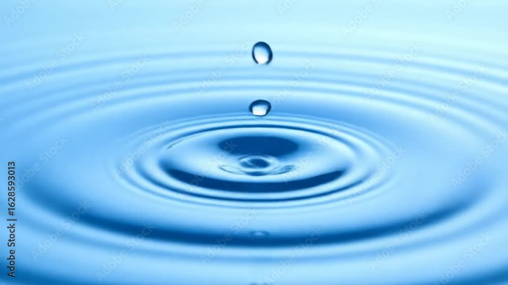 Poster single water drop creating ripples on a bright blue water surface close up abstract background motio